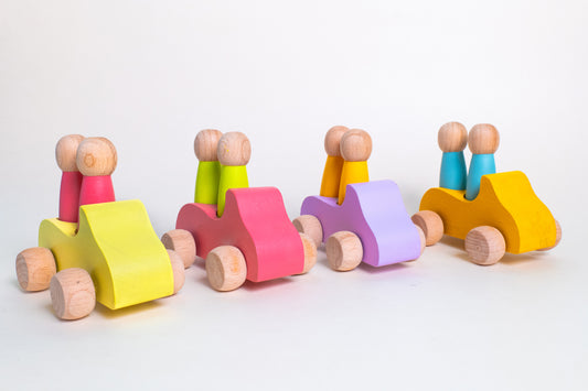 Wooden Montessori Inspired Car with Peg dolls/ Peg People Car