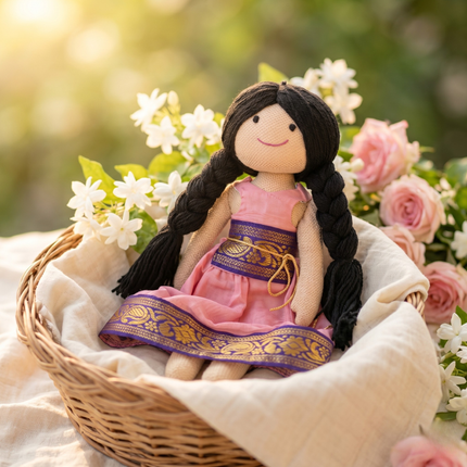Doll in a pink dress with braided hair in a wicker basket surrounded by flowers