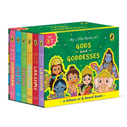 Box set of 6 children's books titled 'My Little Book of Gods and Goddesses' on a white background